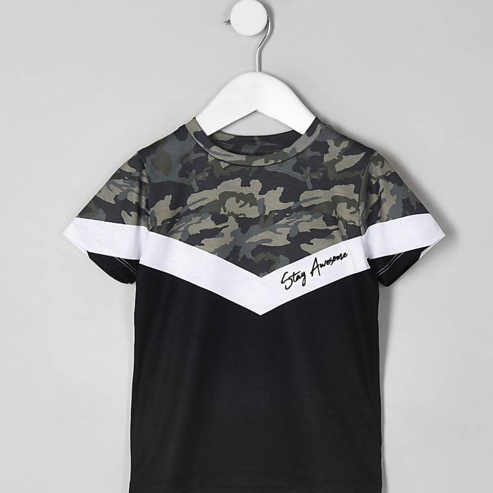 River Island Boys Khaki Camo Chevron Blocked Short Sleeve T-Shirt